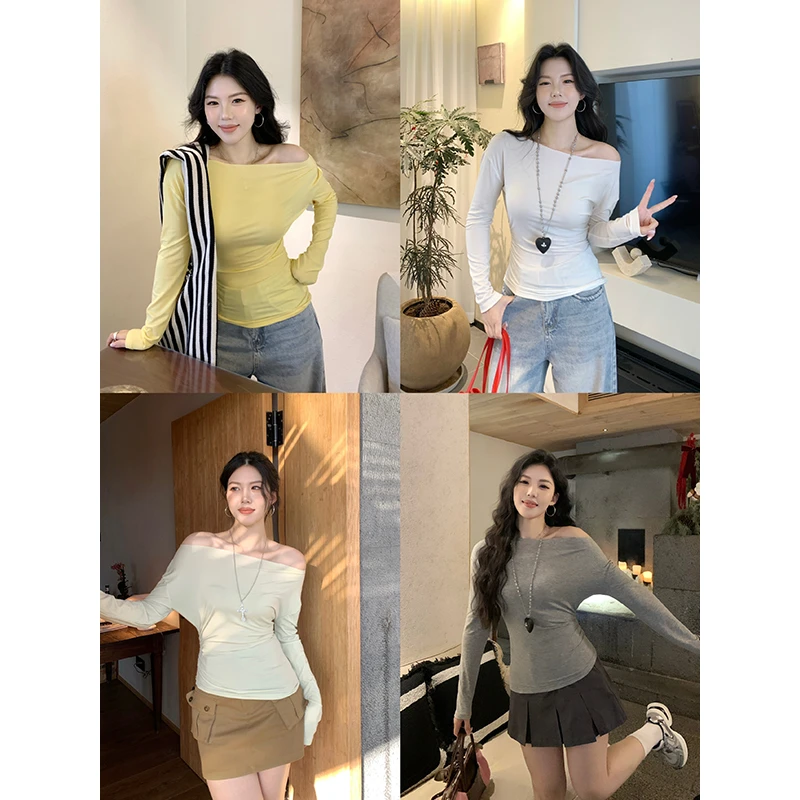 【记忆色彩】甜辣多多2025春季多穿大领斜摆长袖收这褶上衣时尚显瘦