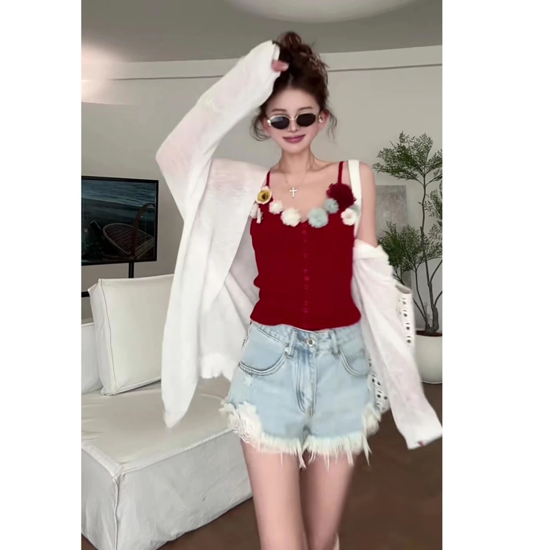 夏季减龄立体花朵吊带+超薄长袖防晒针织开衫两件套上衣女