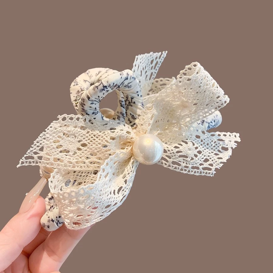 韩国法式复古风碎花蕾丝蝴蝶结抓夹鲨鱼夹少女甜美发夹温柔风头饰
