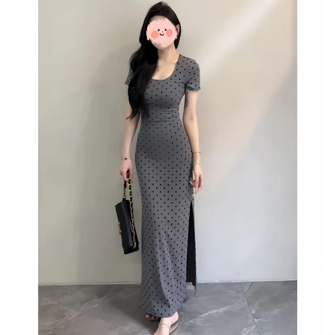 2025新款夏季法式气质优雅复古短袖连衣裙女收腰显瘦包臀开叉长裙