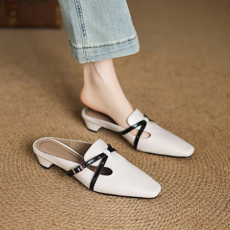 包头半拖鞋女时尚外穿2025年新款粗跟百搭真皮复古中跟英伦穆勒鞋