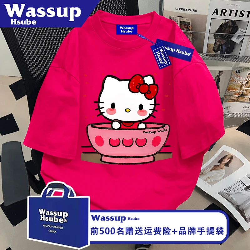 WASSUP HSUBE火龙果色男女同款上衣趣味kt猫印花T恤ins夏纯棉短袖