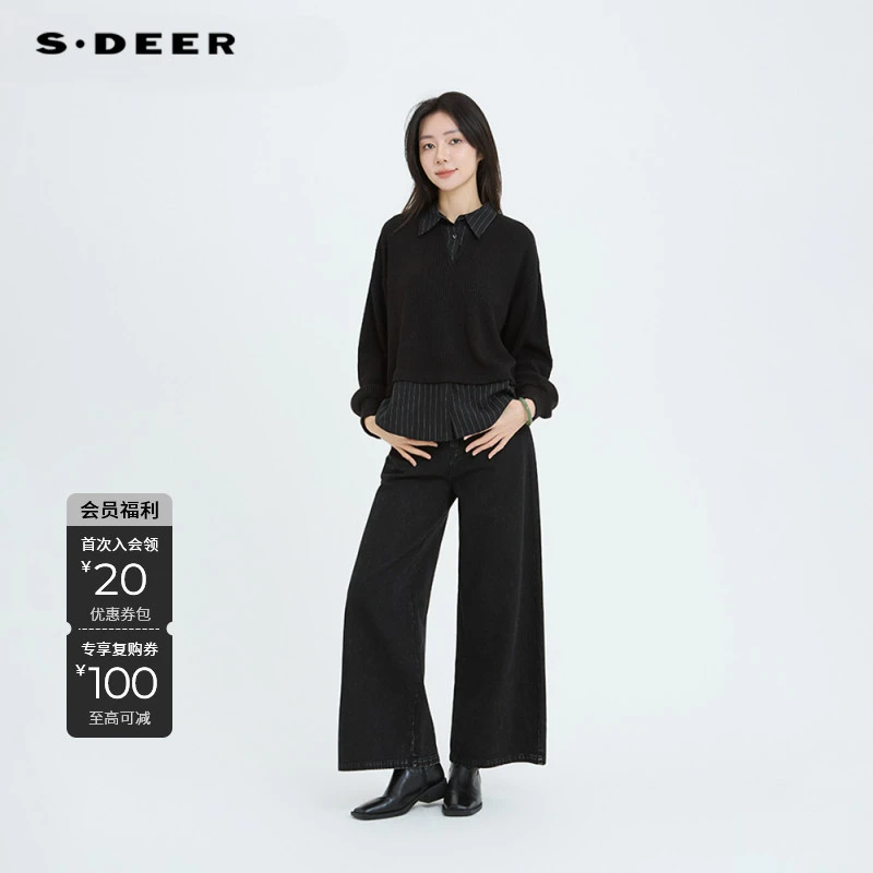 S·DEER圣迪奥秋季时尚气质百搭休闲轻奢设计师拼接长袖洋气休闲装