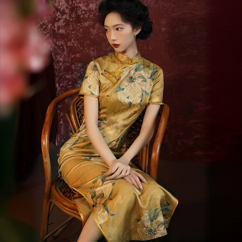 黄色旗袍2025新款女改良高考送考旗开得胜日常可穿素雅长款连衣裙