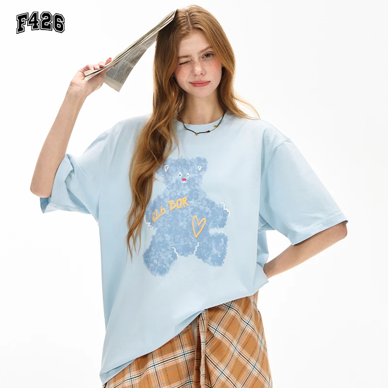 F426国潮2025夏季新款绘画小熊趣味短袖T恤圆领宽松潮流上衣6920