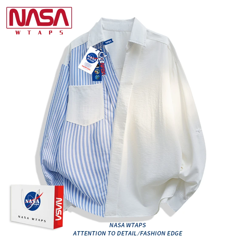NASA WTAPS美式拼接长袖冰丝男衬衫夏季新款宽松条纹小众时尚衬衣