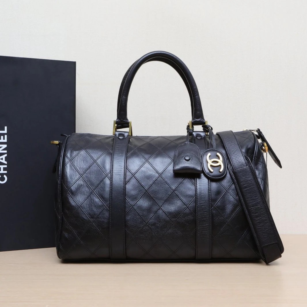 95新 Chanel/香奈儿 花花 1开 中古 黑金菱格纹 波士顿 手提包