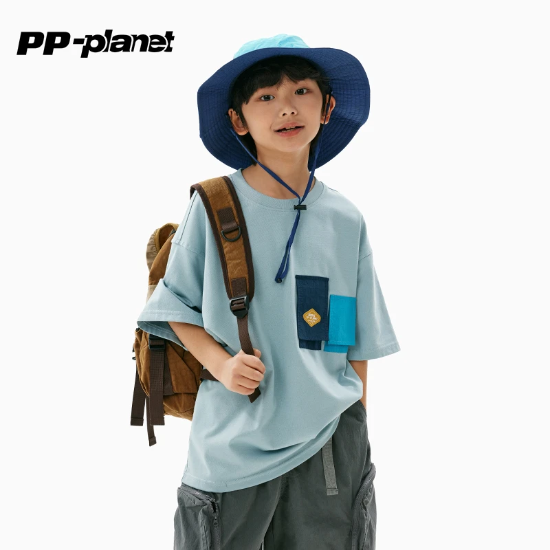 PP星球儿童贴布撞色夏款短袖T恤男孩圆领个性时髦体恤中大童休闲t