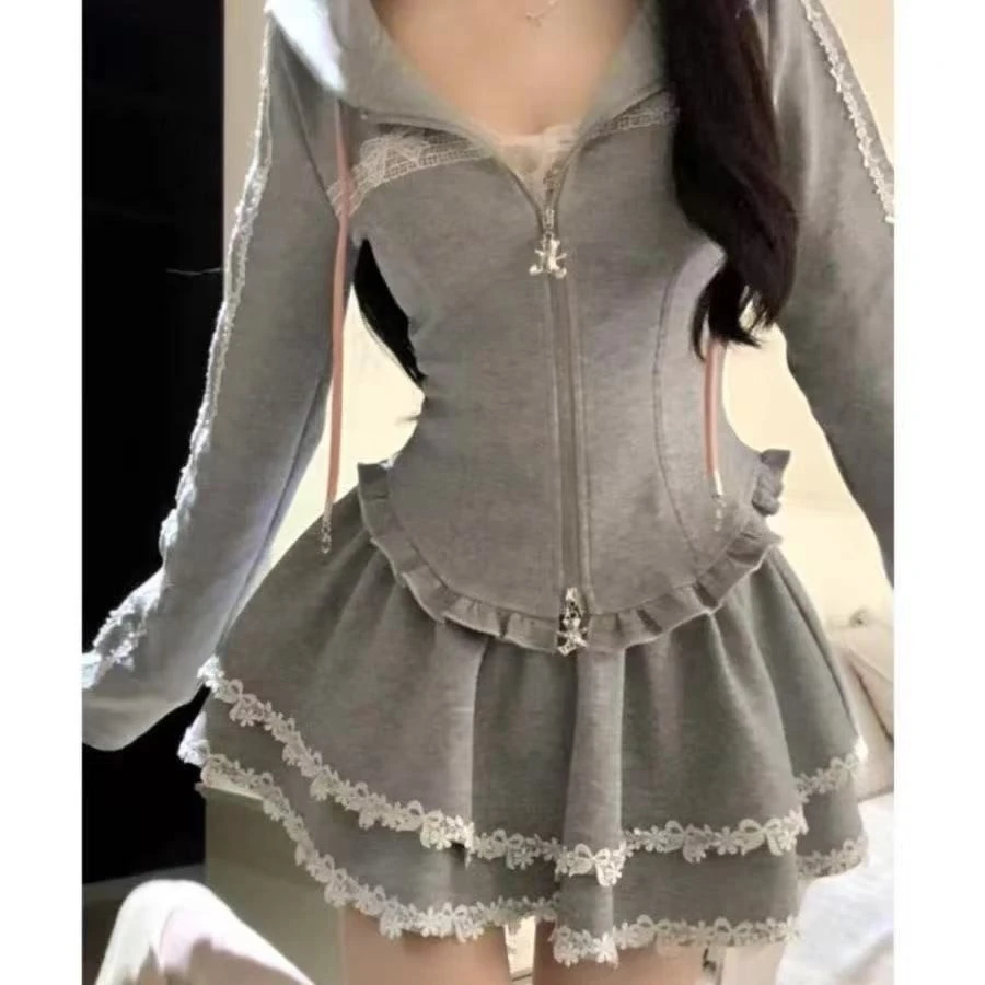 韩系chic甜辣独特绝美小套装小个子穿搭一整套花边连帽卫衣蓬蓬裙