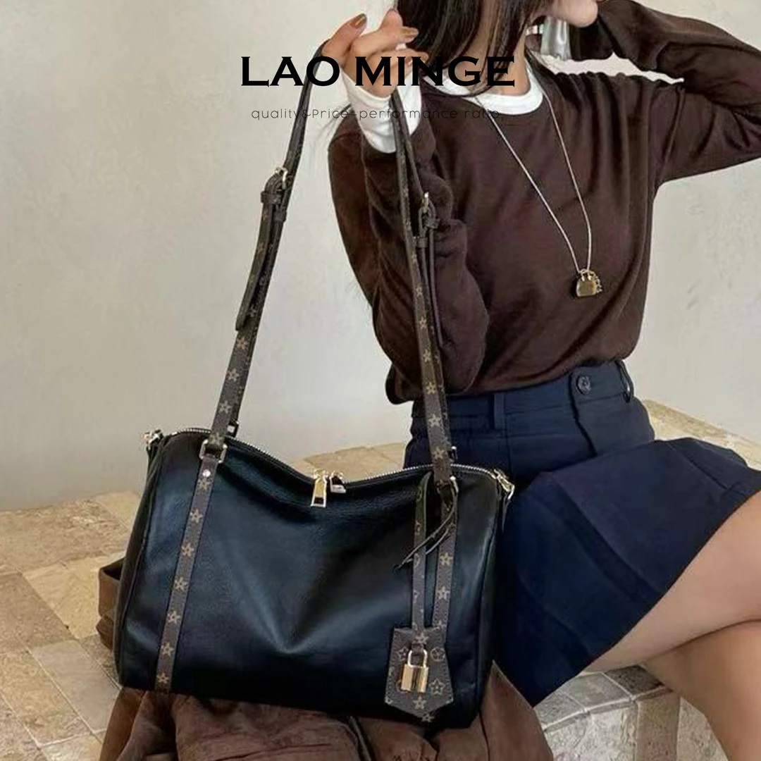 老敏哥 头层牛皮真皮大容量枕头包通勤单肩斜跨包潮W66651