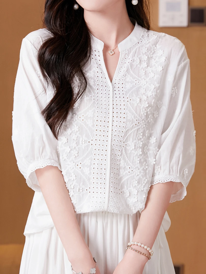 【DuShang】梦中情人~丝棉绣花衬衣小众设计感时尚绣花上衣DG562