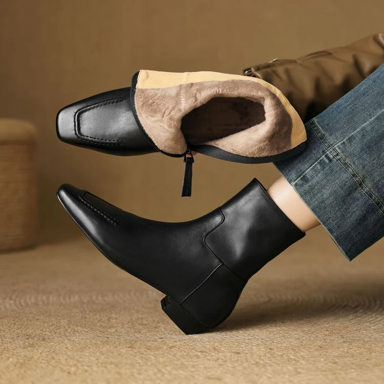 2.5cm 法式复古舒适百搭粗跟侧拉链短靴秋冬简约休闲时尚方头短靴