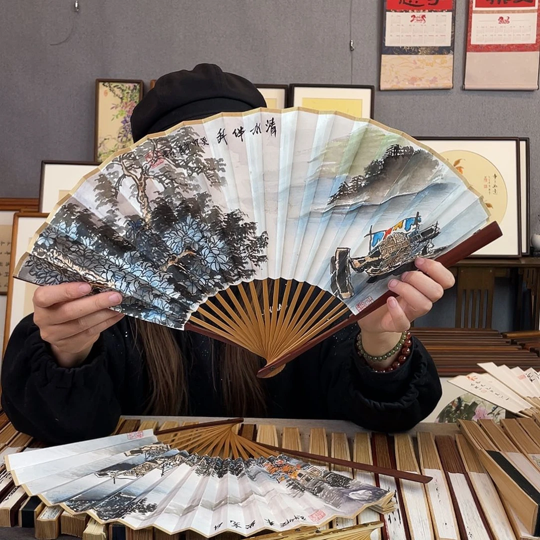 国画95寸红木-纯手绘-文玩扇骨（默认粘好）