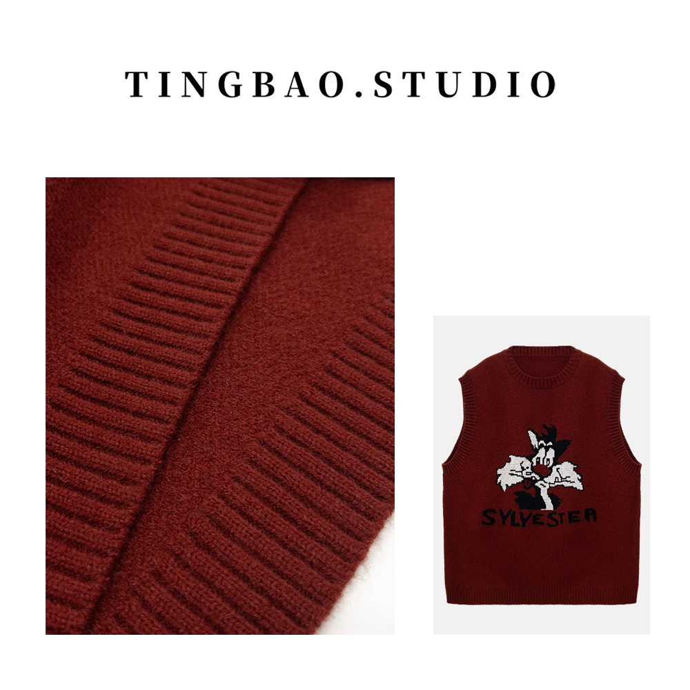 【小黑猫】冬季新款韩版休闲慵懒风卡通针织无袖毛衣马甲    19281