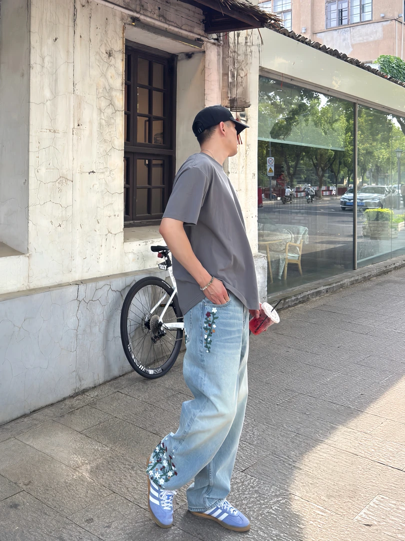 【明星同款】GOODBRAND 藤蔓花卉轻奢高级宽松直筒牛仔裤 男女同款
