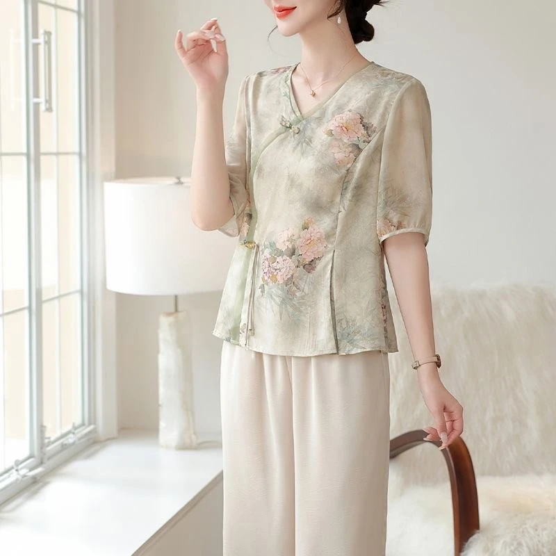 妈妈装国风印花复古宽松型夏季薄款洋气小衫显瘦