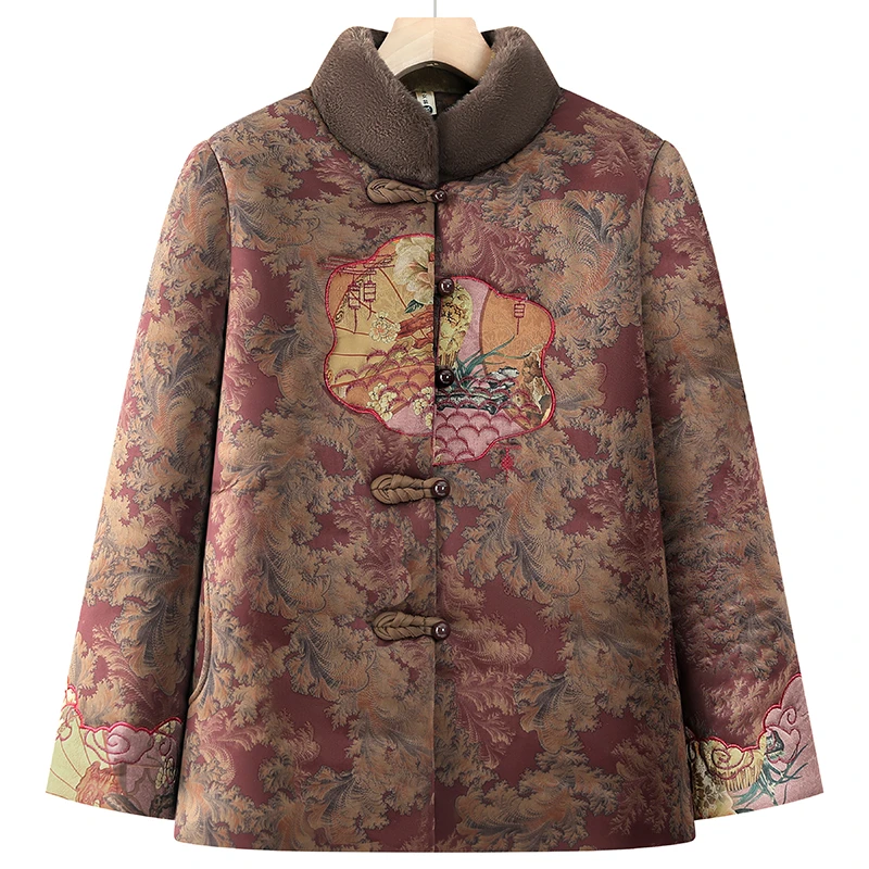 中老年人女装冬季复古棉衣加绒加厚妈妈装绣花外套奶奶装保暖棉服