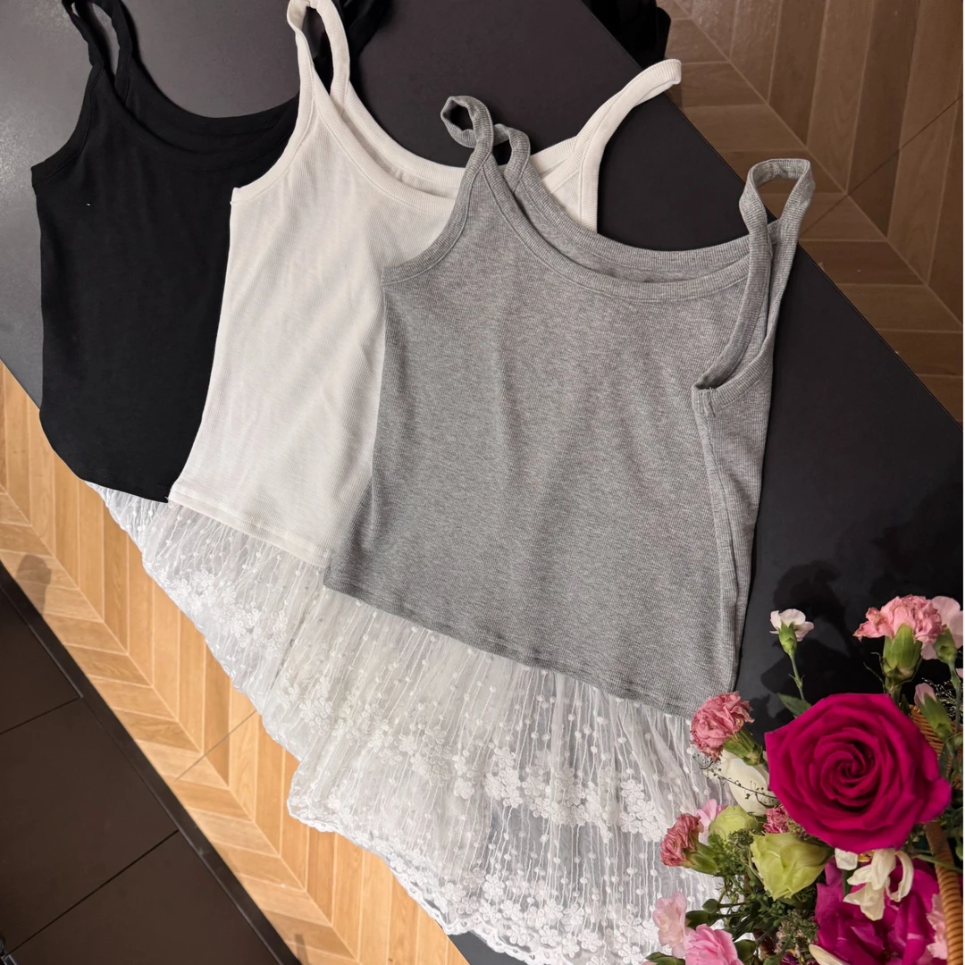 【白月光】蕾丝花边网纱拼接下摆内搭设计感白色外穿短款打底吊带