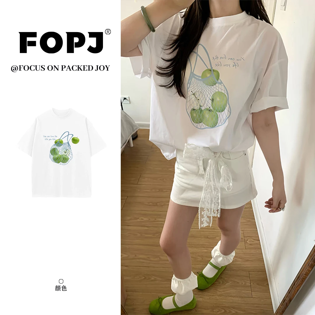 FOPJ韩系学院风青苹果印花短袖t恤女夏季设计感宽松百搭甜妹上衣