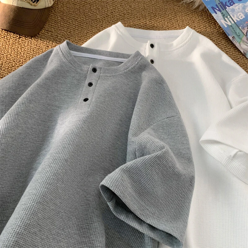 珞卡倩亨利领短袖t恤男夏季新款百搭潮流宽松大码慵懒风长袖T恤男