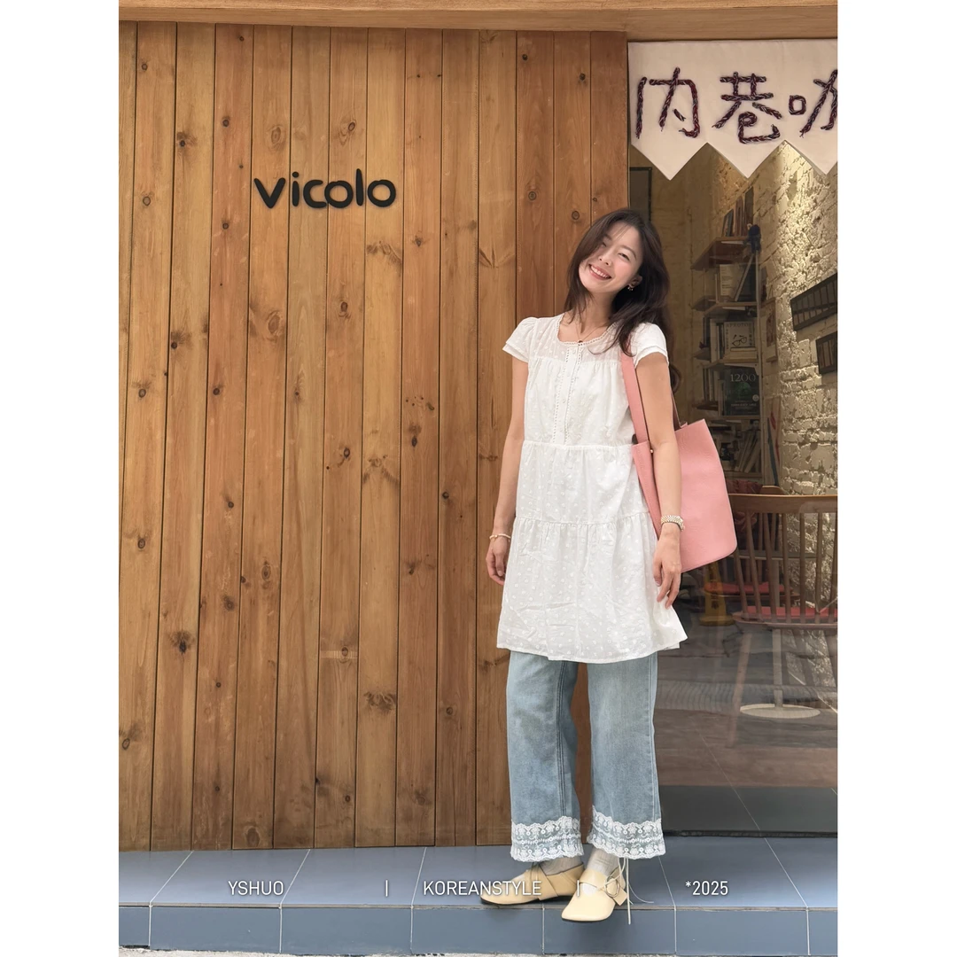 YSHUO【初恋裙】春夏气质小飞袖波点刺绣甜美可爱白色连衣裙 6119