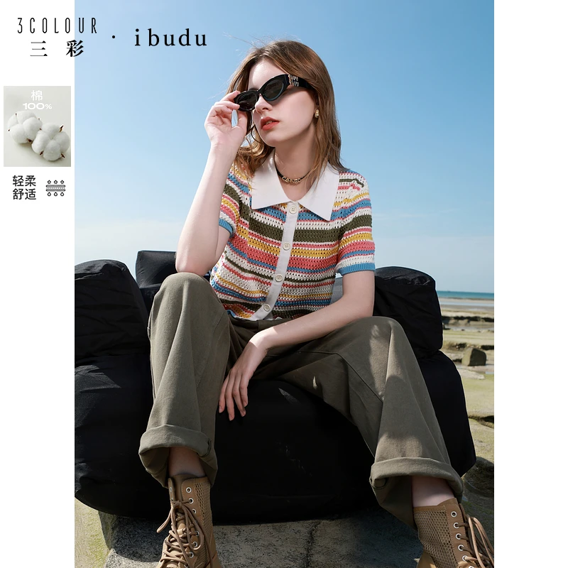 三彩ibudu2025春季新款彩虹条纹镂空针织衫翻领短款开衫女