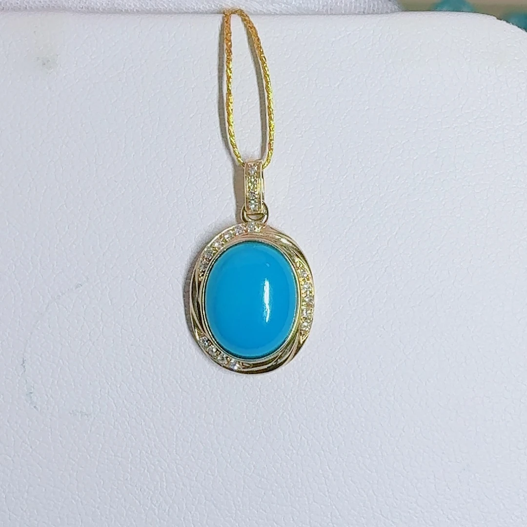 绿松石18K金镶嵌珠宝奇石暴暴蓝精致吊坠