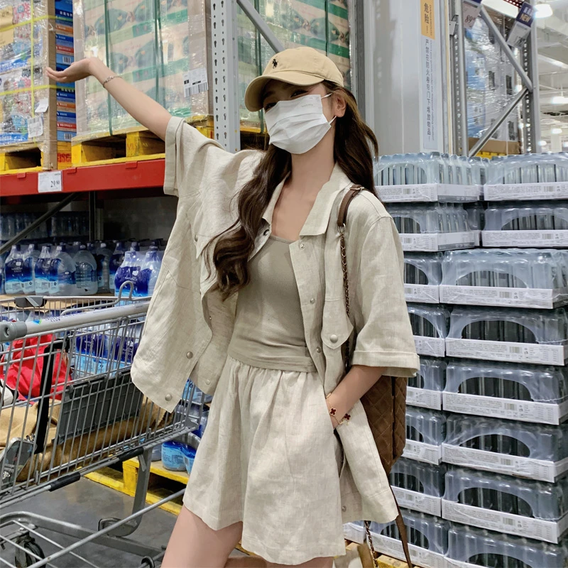 甜酷风炸街套装裤女2025夏季新款可盐可甜韩系显瘦衬衫短裤两件套