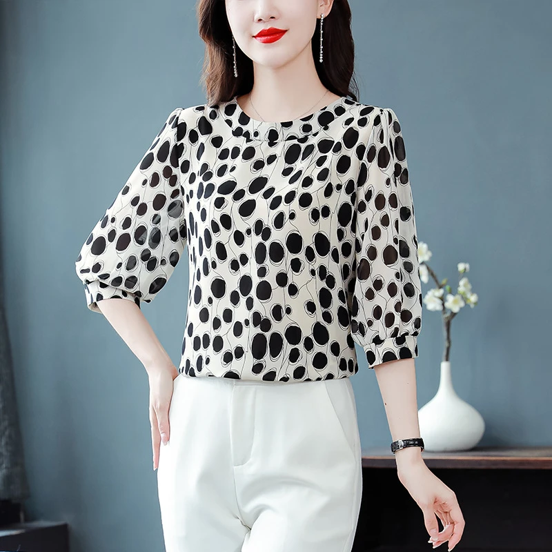 经典上衣小衫桑蚕丝印花圆领百搭高级感时尚新颖圆点洋气女式夏装