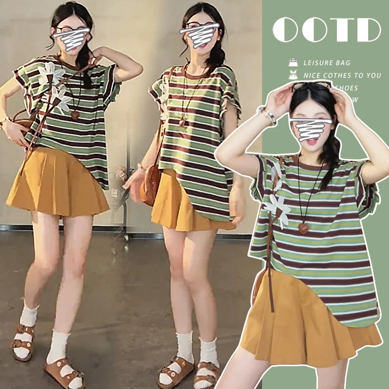 孕妇夏季复古不规则条纹上衣搭配托腹短裤遮肉显瘦时尚潮妈套装