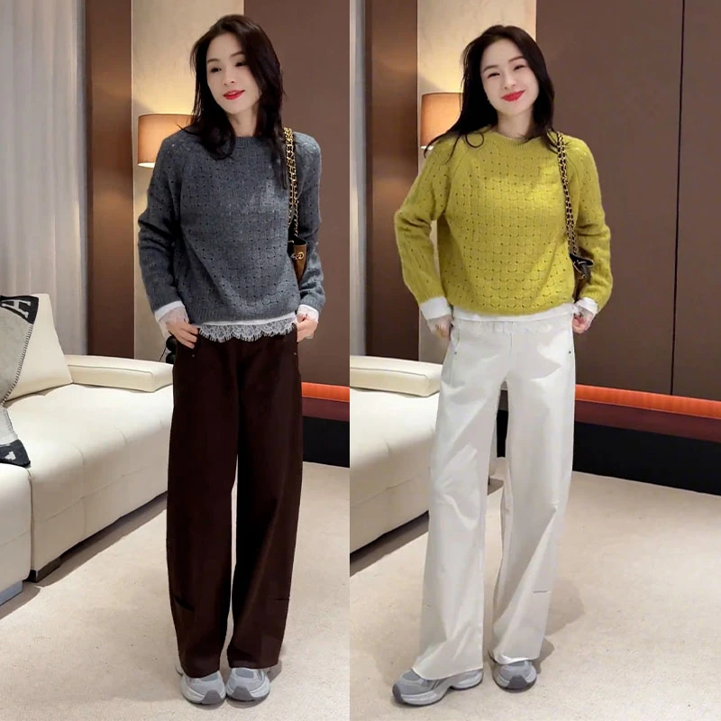早秋时尚新款韩系百搭设计感圆领针织套头打底衫休闲直筒裤两件套