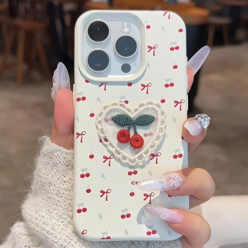 ins韩风刺绣樱桃适用iPhone17promax苹透女士豹纹ins风手机壳