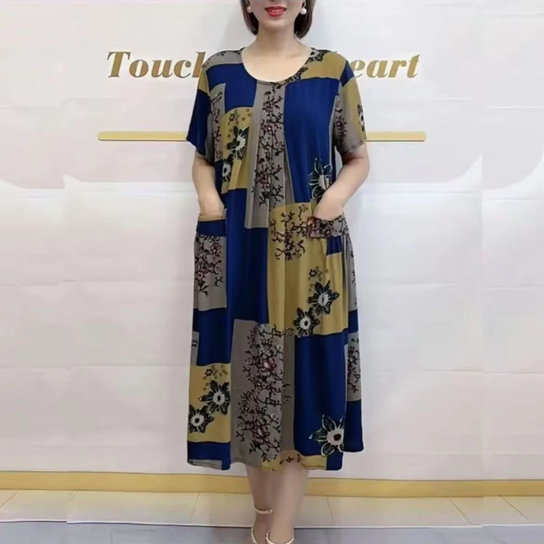中老年女装夏装新款连衣裙短袖休闲洋气遮肚中长裙子
