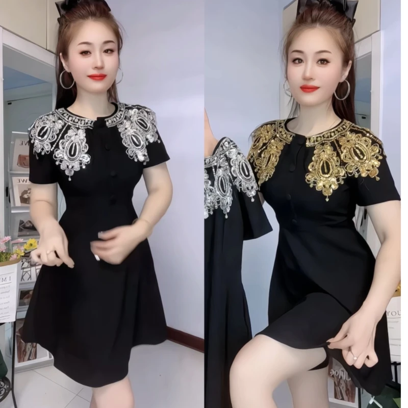 精致气质重工钉珠亮片装饰披肩设计时尚复古显瘦连衣裙