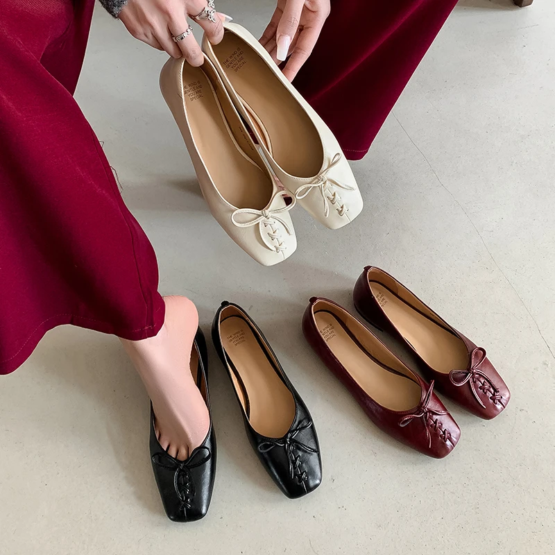 辰光拾锦手工女鞋丨春夏浅口平底编织单鞋奶奶鞋超软酒红色蝴蝶结
