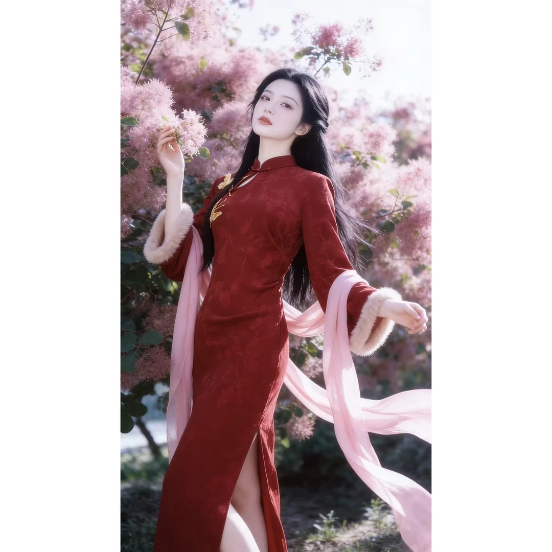 新中式国风改良旗袍连衣裙高级感超好看红色修身包臀长裙2026冬季