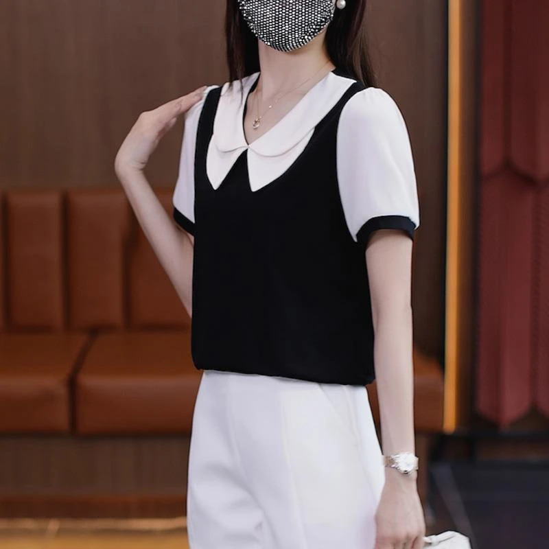 小个子娃娃领拼接短袖T恤衫2025夏装洋气时尚宽松大码小衫上衣女
