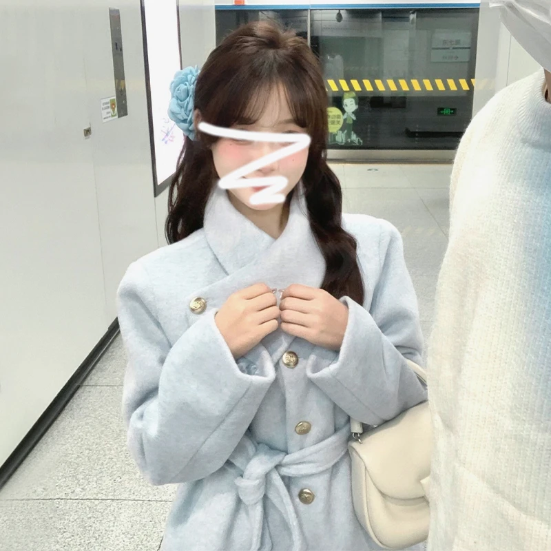 蓝色高级感毛呢外套女秋冬季2025新款收腰中长款小个子超好看大衣