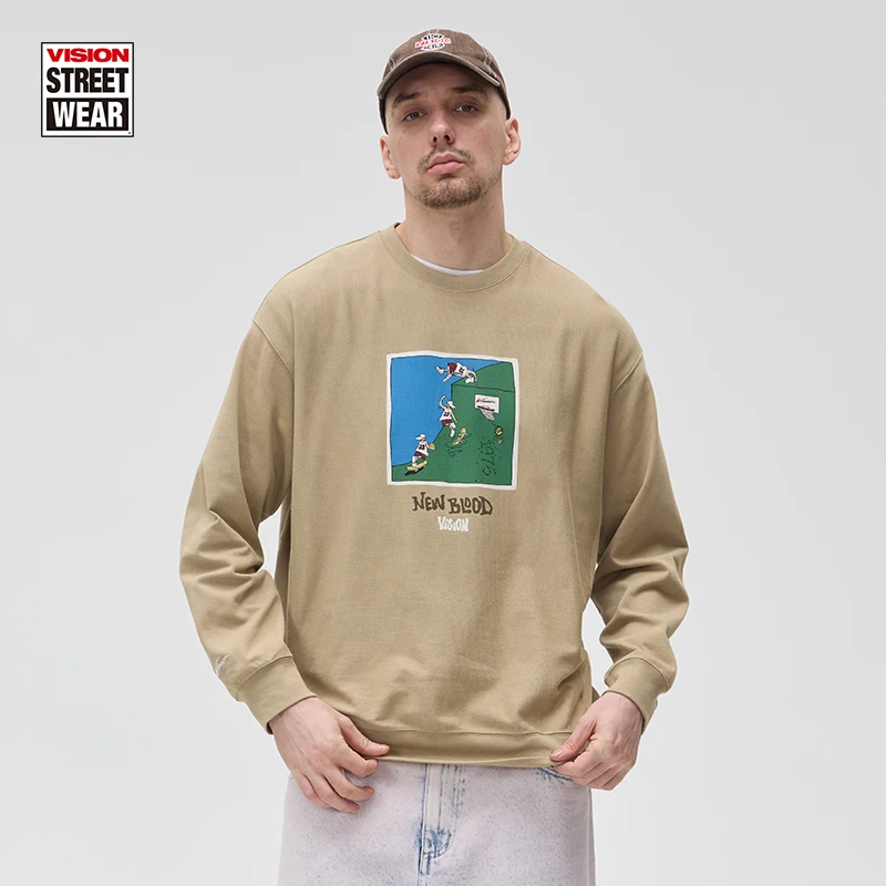 VISION 历史复刻NEWBLOOD图案宽松拼接长袖T恤卫衣休闲圆领
