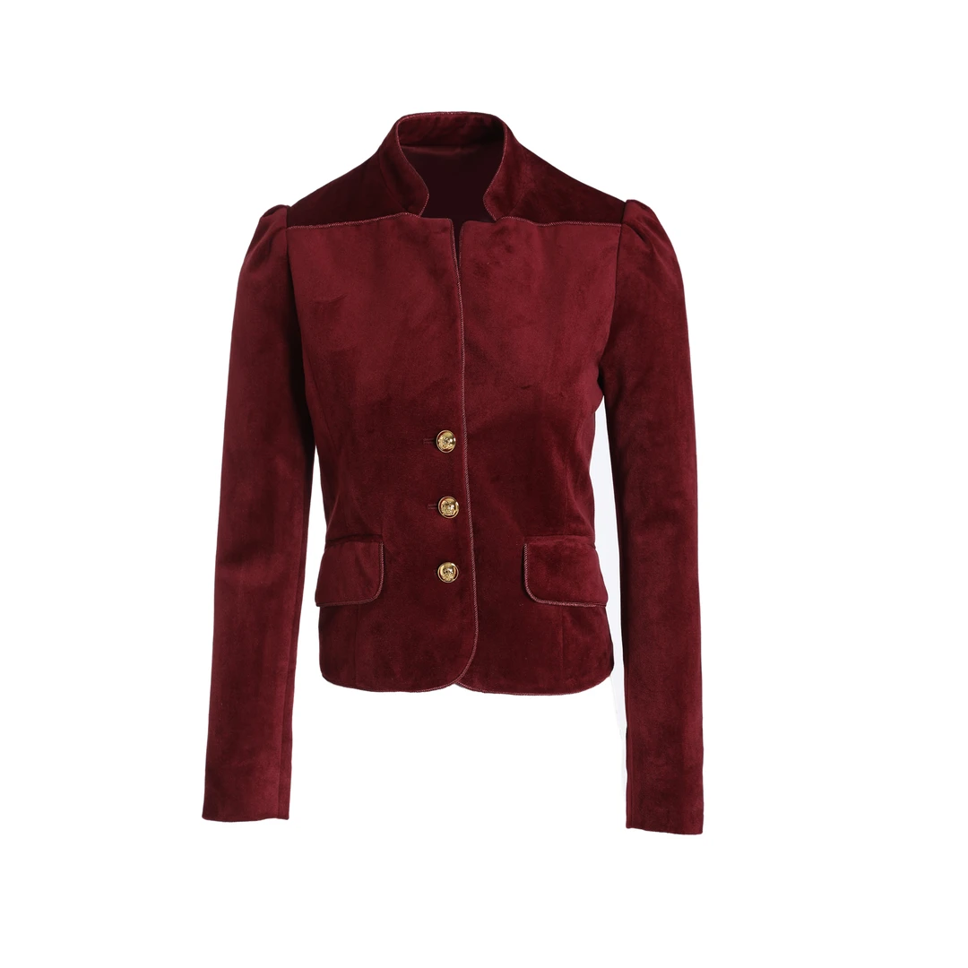 复古红色丝绒立领修身外套0019