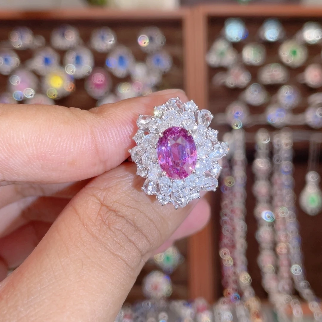 彩色蓝宝石戒指18K金镶嵌2.57ct 无烧帕帕