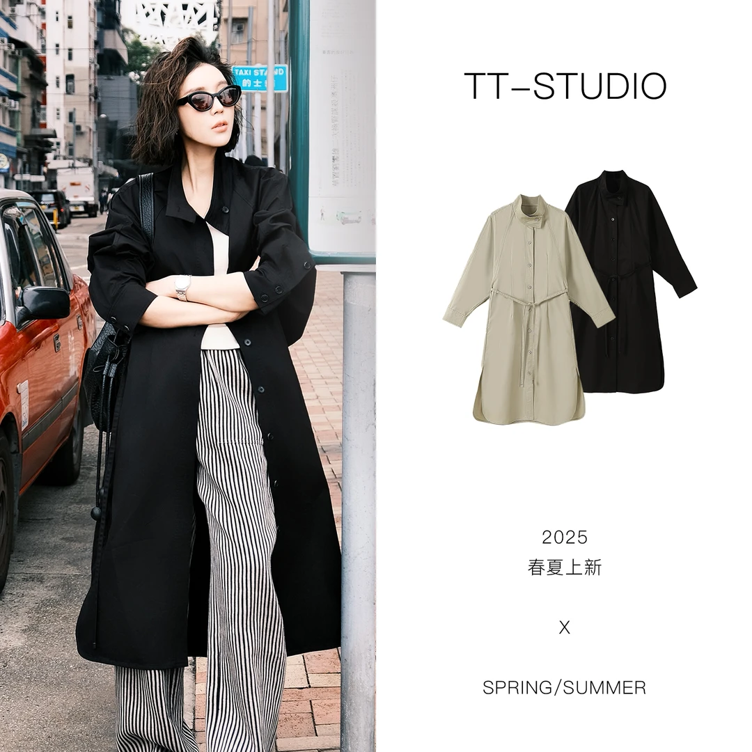 TT【香港风衣】春夏新品纯棉配绑带多排扣中长款女士风衣5970
