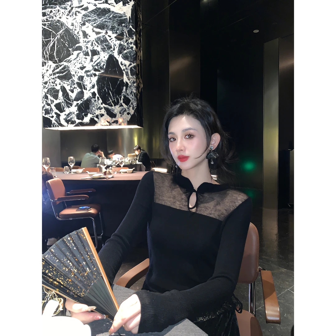 MOSS STUDIO【金缕香】新中式国风旗袍领针织打底上衣