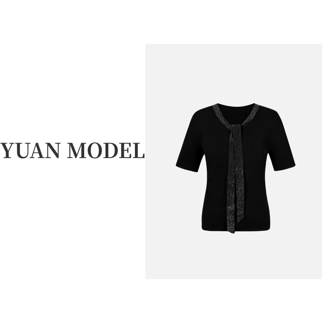 【YUAN MODEL】媛老板-法式优雅飘带烫钻针织衫短袖T恤打底衫080222