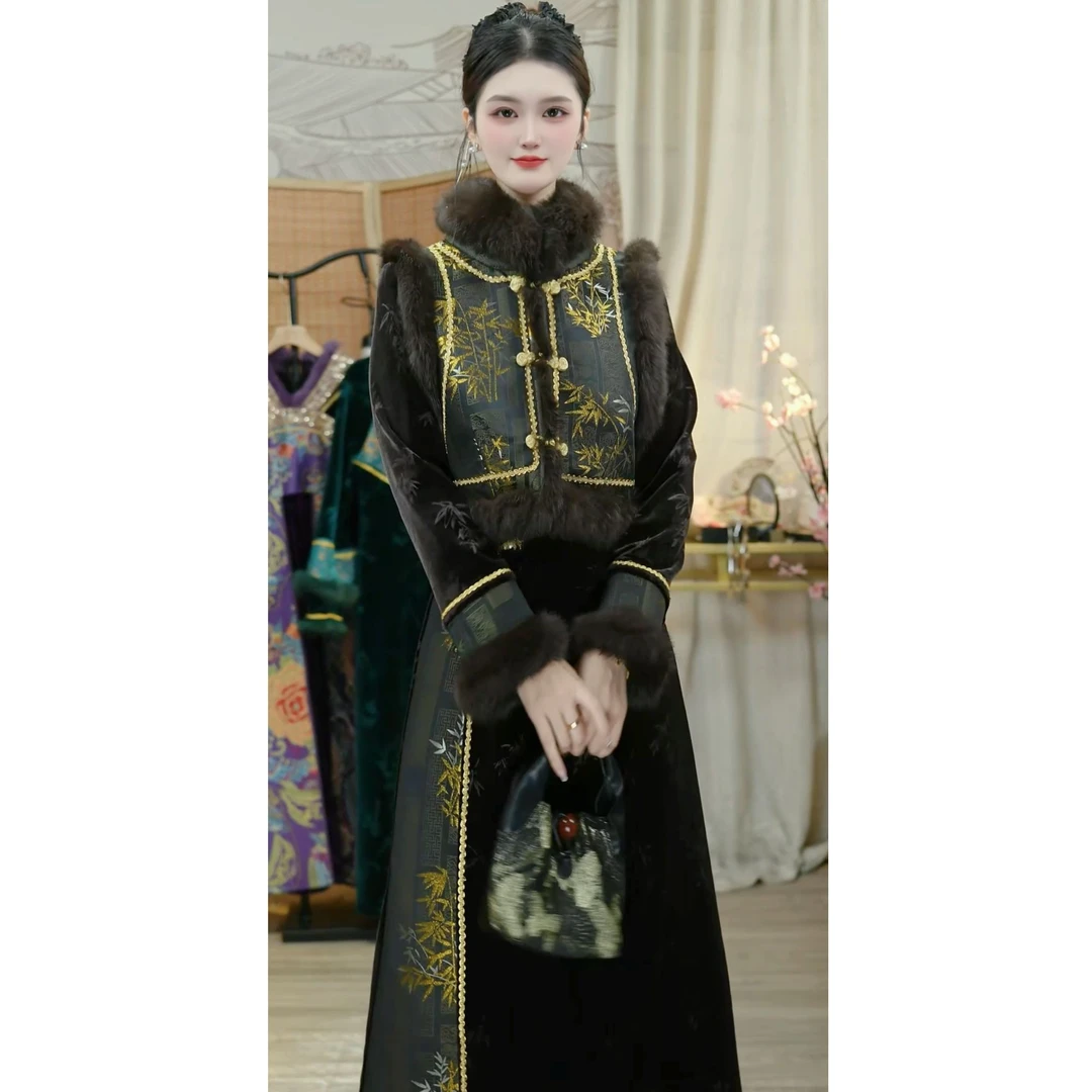 羽唐名2025冬季新款国风加绒深灰新中式女装时尚套装（5614+5624）