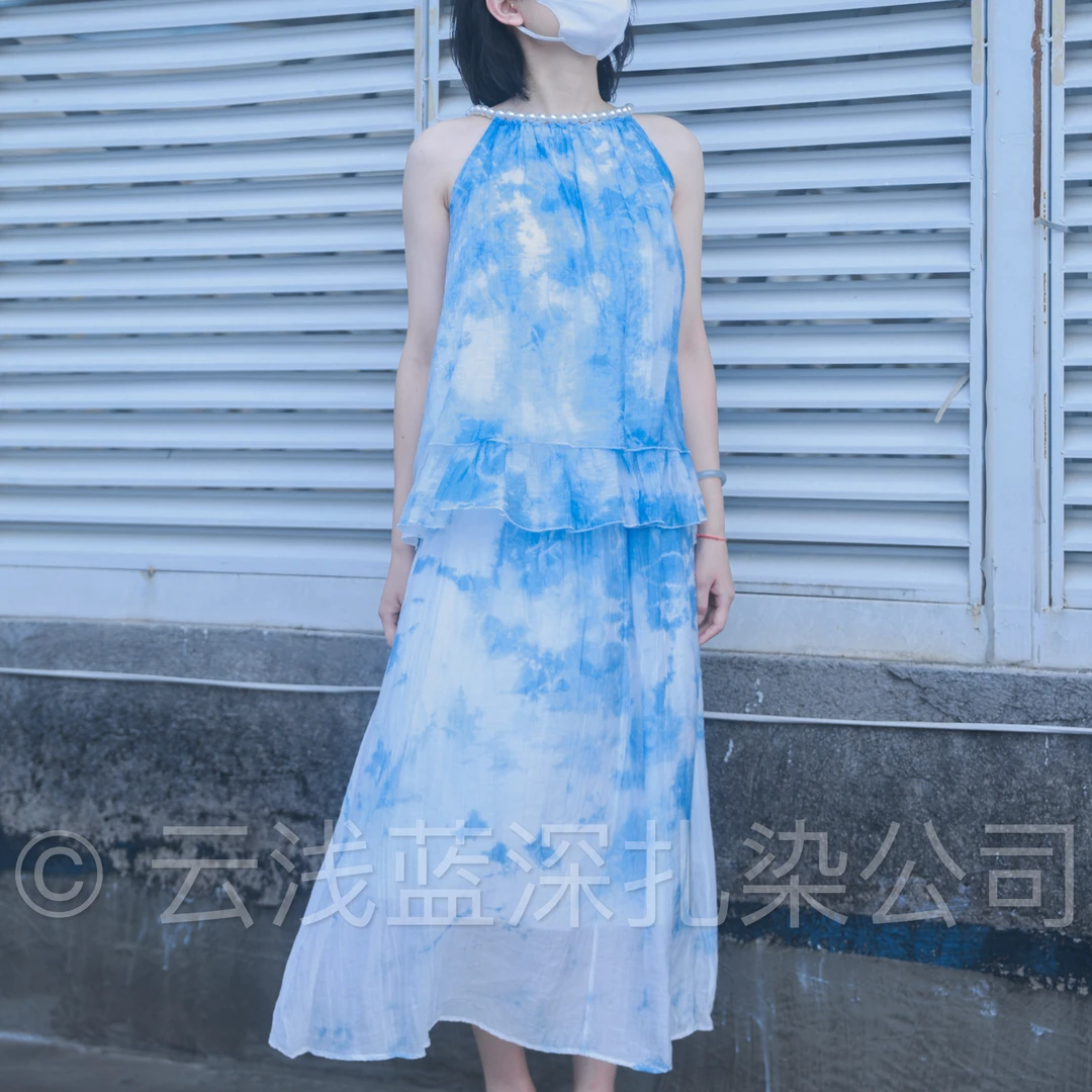 云浅蓝深 扎染珍珠挂脖两件套套装