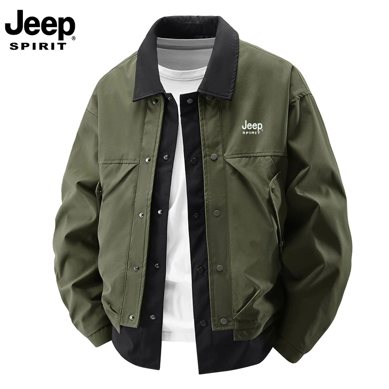 JEEP SPIRIT 吉普假两件长袖衬衣夹克男士春夏季潮牌宽松翻领外套