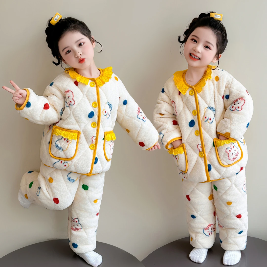冬季儿童睡衣女童珊瑚绒夹棉三层加厚加绒女孩可爱卡通宝宝家居服