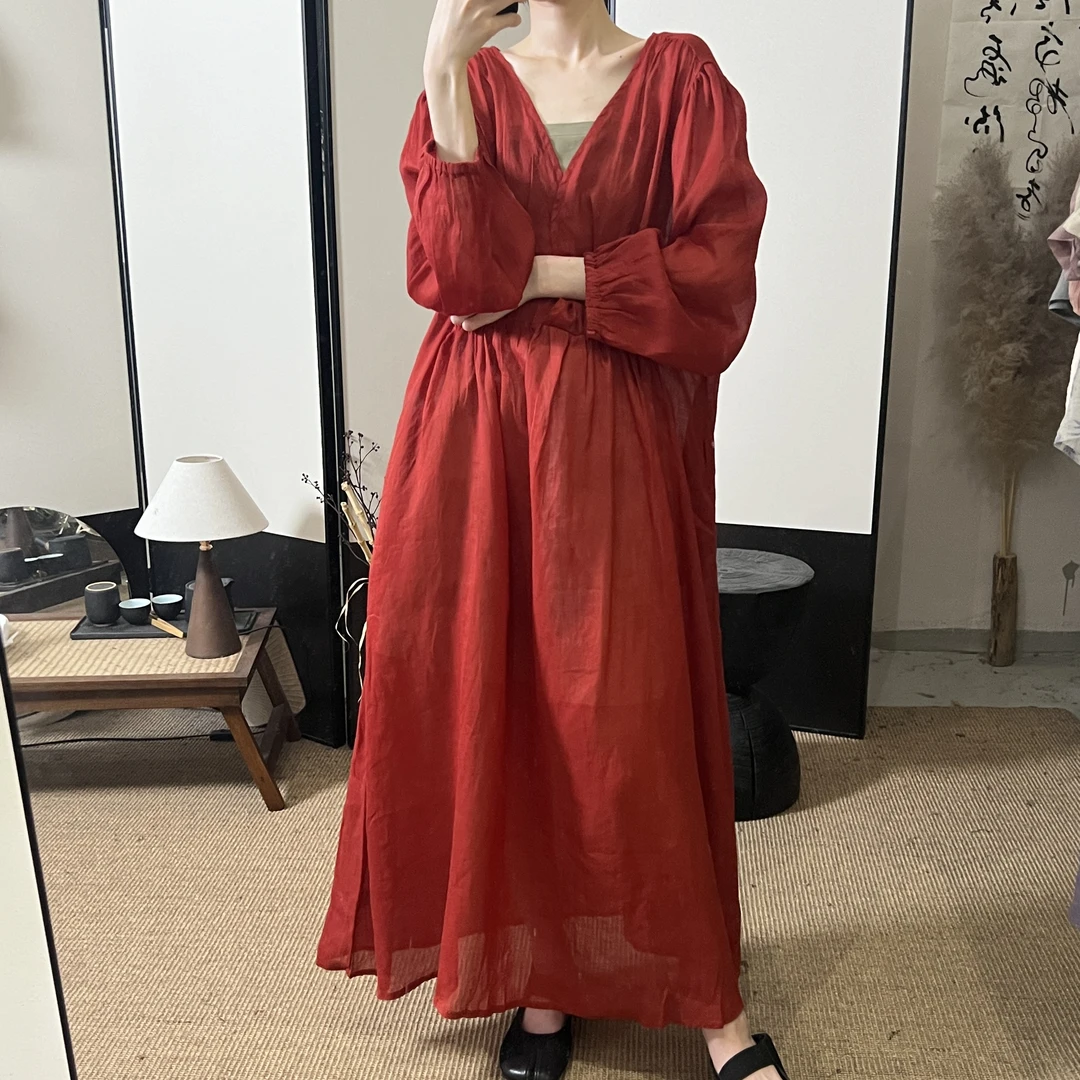 2025夏季新款复古文艺范苎麻宽松大摆连衣裙