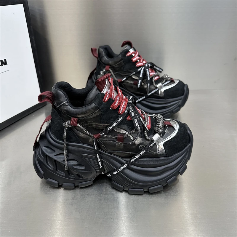 女士休闲时尚百搭运动透气黑色厚底黑白高帮情侣新款高定潮流潮鞋